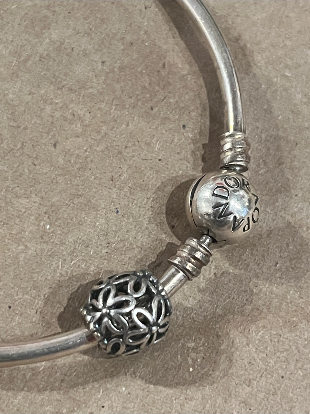 Pandora marked Sterling Silver Floral Charm Bangle Bracelet - Silver - Picture 4 of 5